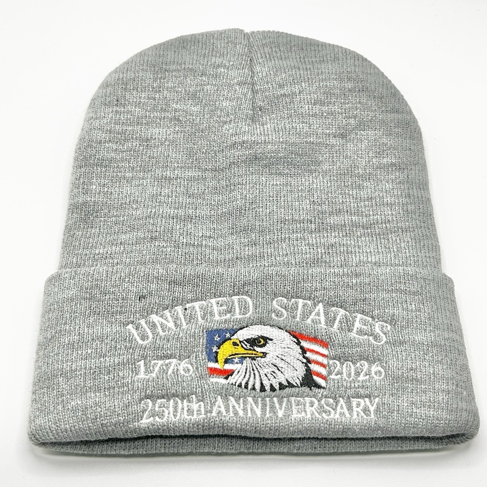 United States of American 250 Years USA Flag Beanie Hat Cap Knit Cuff Light Gray